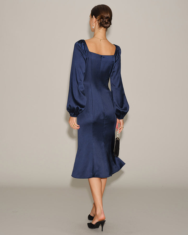 Morgan and Brooke | Navy Satin V Neck Ruched Midi Dress