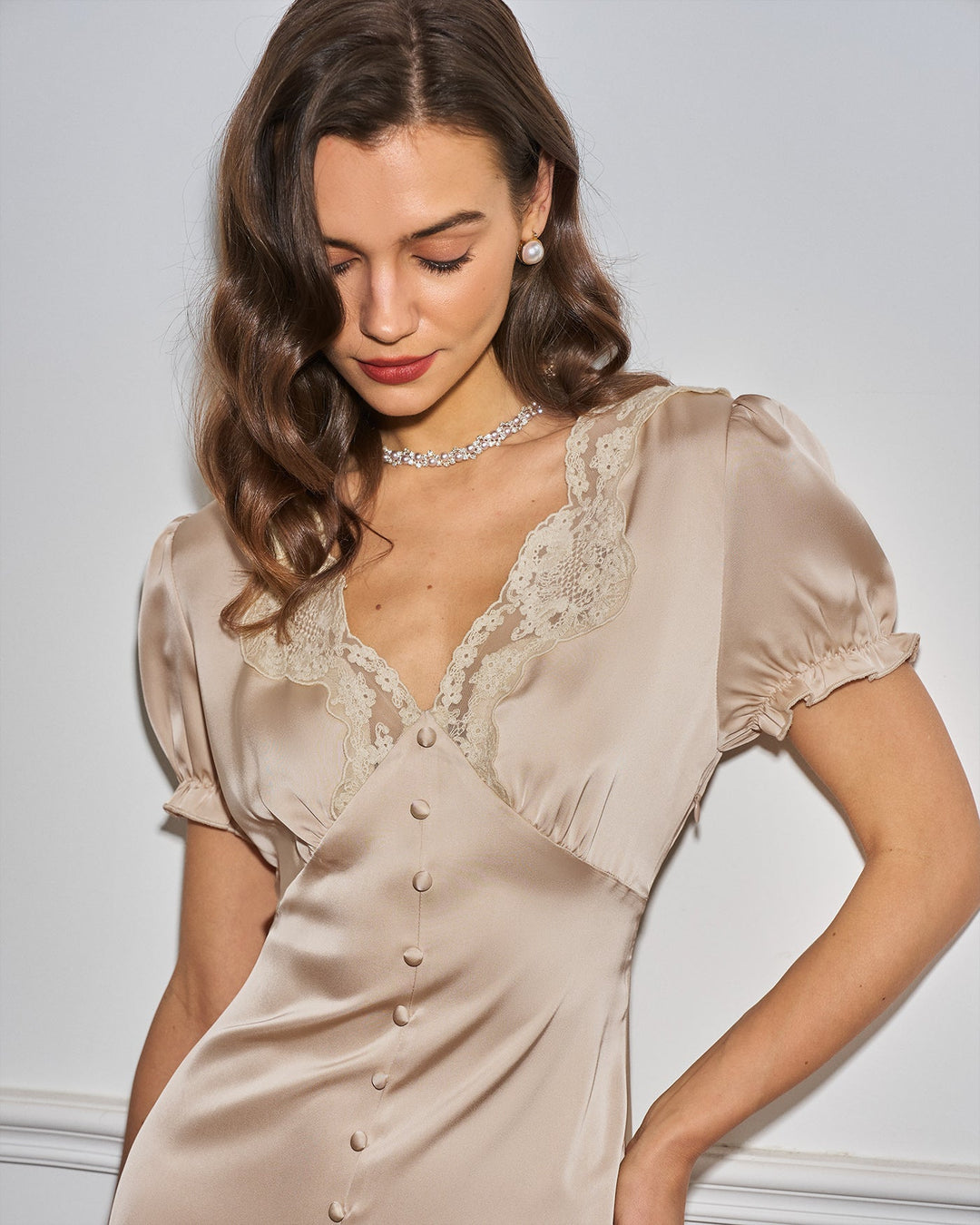 Morgan and Brooke | Lace Midi Dress for Women in Apricot