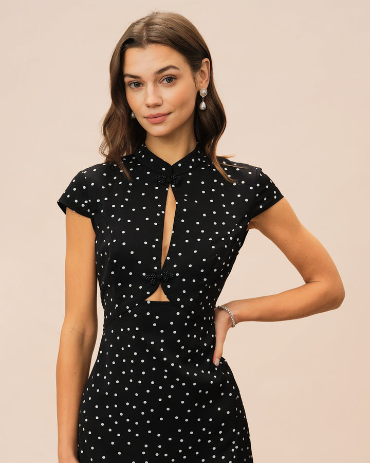 Morgan and Brooke | Black Polka Dot Midi Dress with Mandarin Collar