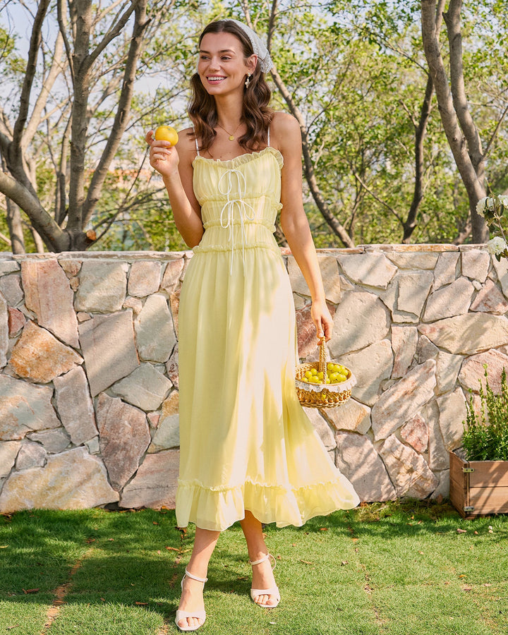Morgan and Brooke | Yellow Sweetheart Neck Ruffle Midi Dress