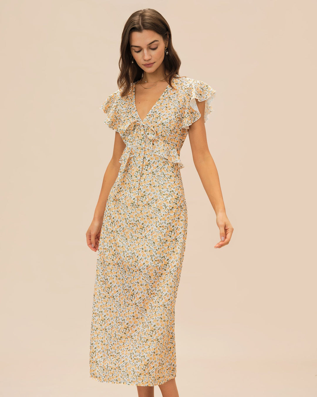 Morgan and Brooke | Yellow Floral Ruffle Midi Dress