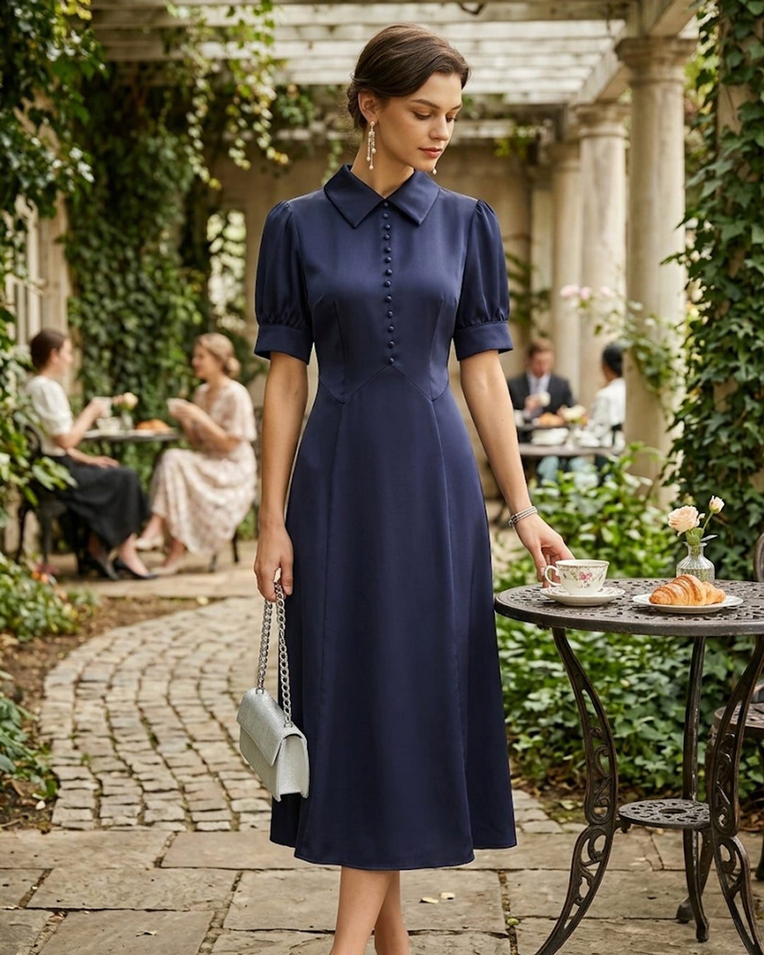 Morgan and Brooke | Satin Midi Dress for Women in Navy with Puffed Sleeves