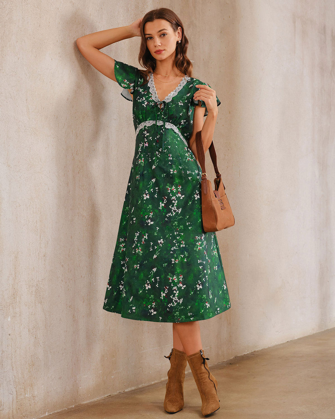 Morgan and Brooke | Floral V Neck Ruched Midi Dress in Green