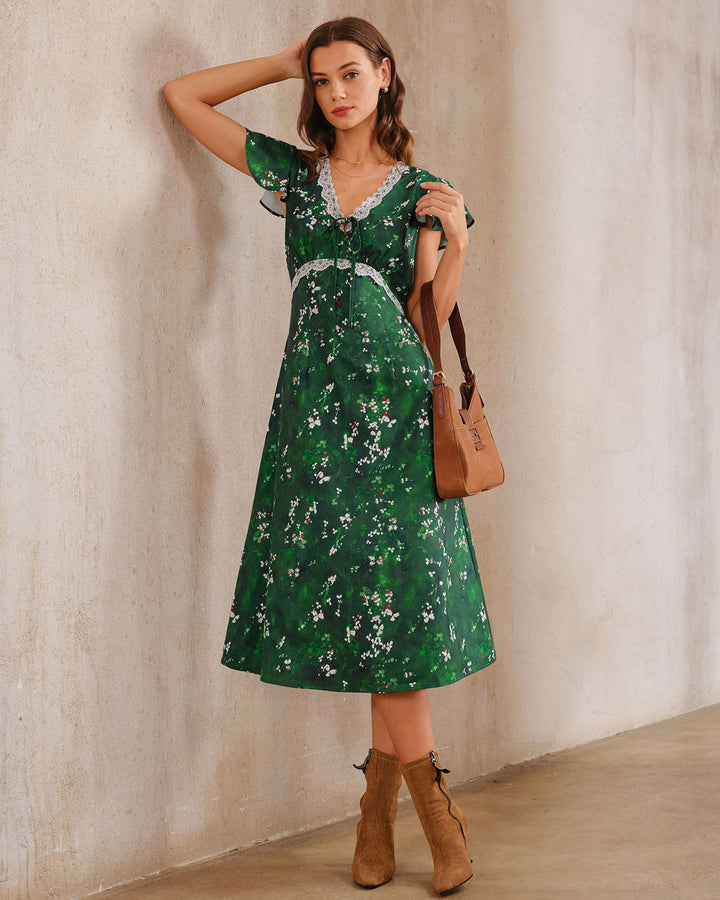 Morgan and Brooke | Floral V Neck Ruched Midi Dress in Green