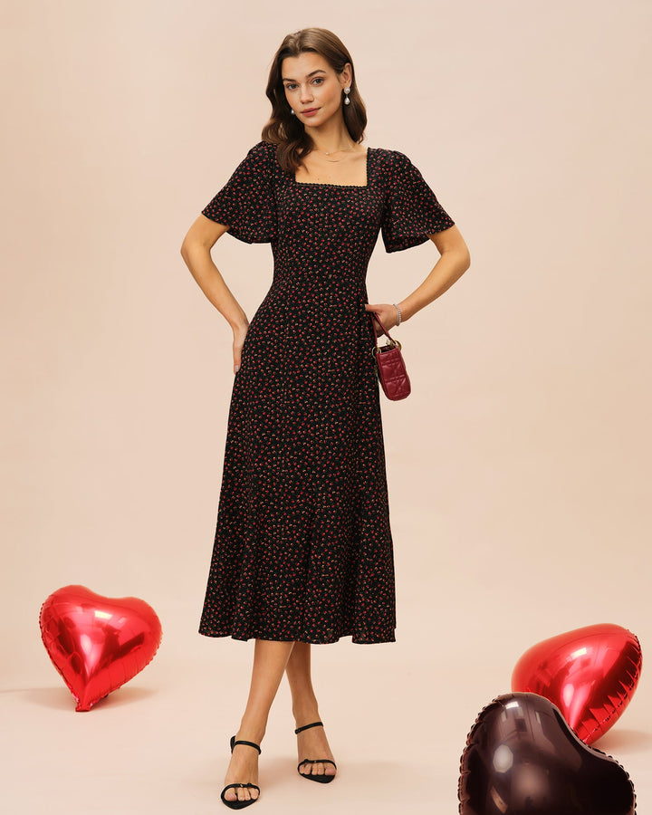 Morgan and Brooke | Black Floral Midi Dress with Square Neck and Butterfly Sleeves