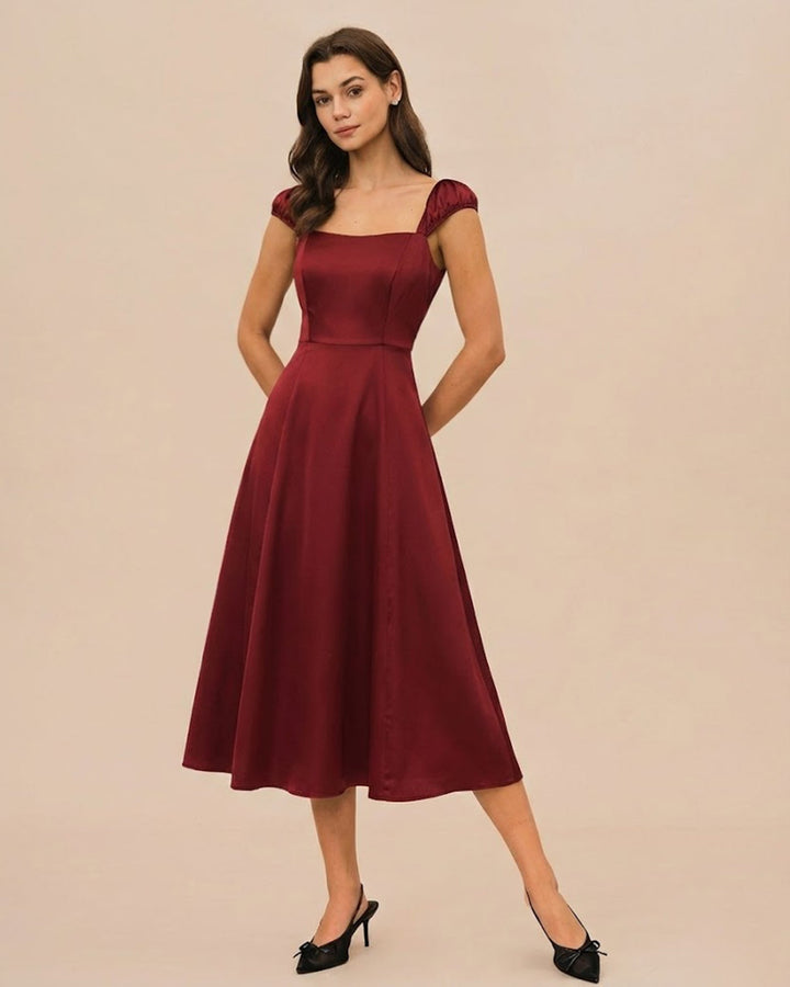 Morgan and Brooke | Satin Midi Dress for Women in Red with Sweetheart Neck