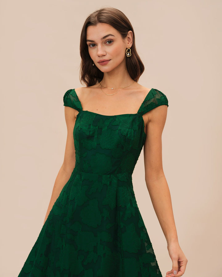 Morgan and Brooke | Jacquard Cap Sleeve Midi Dress, Green