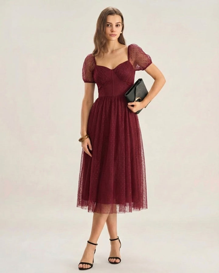 Morgan and Brooke | Sweetheart Neck Polka Dot Midi Dress in Red