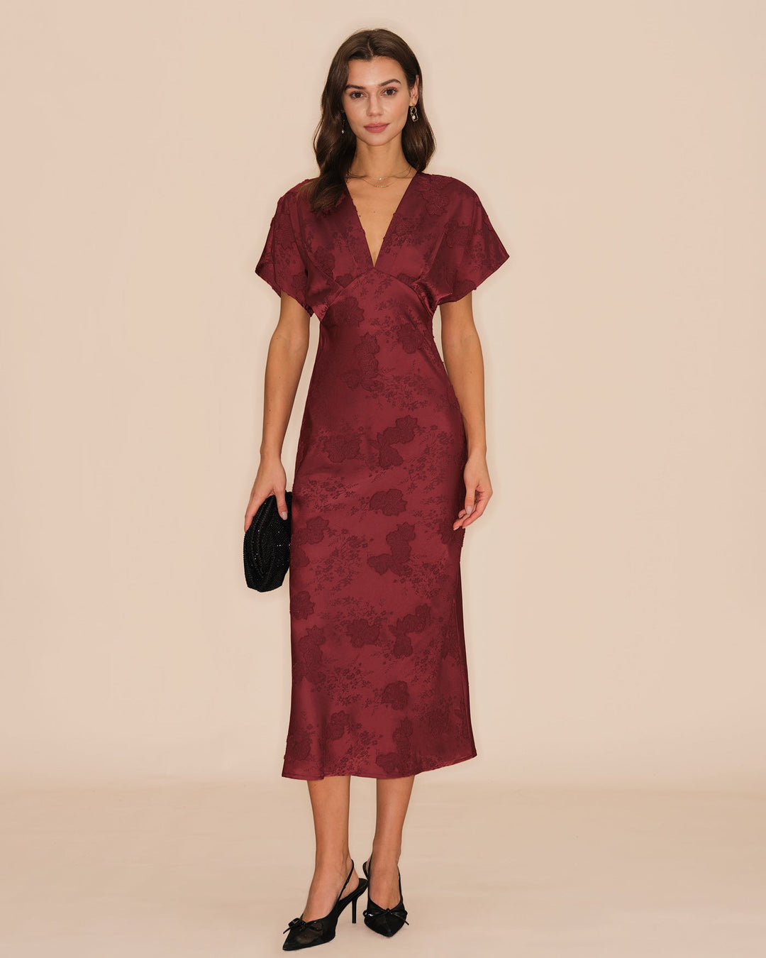 Morgan and Brooke | V Neck Jacquard Midi Dress in Wine Red
