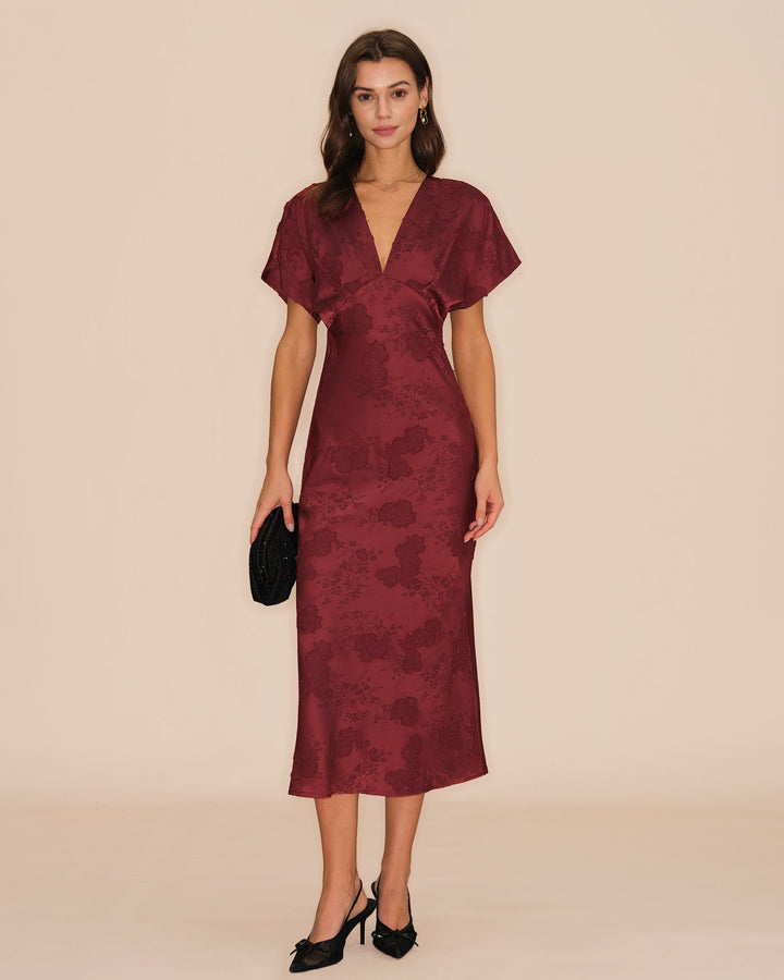 Morgan and Brooke | V Neck Jacquard Midi Dress in Wine Red