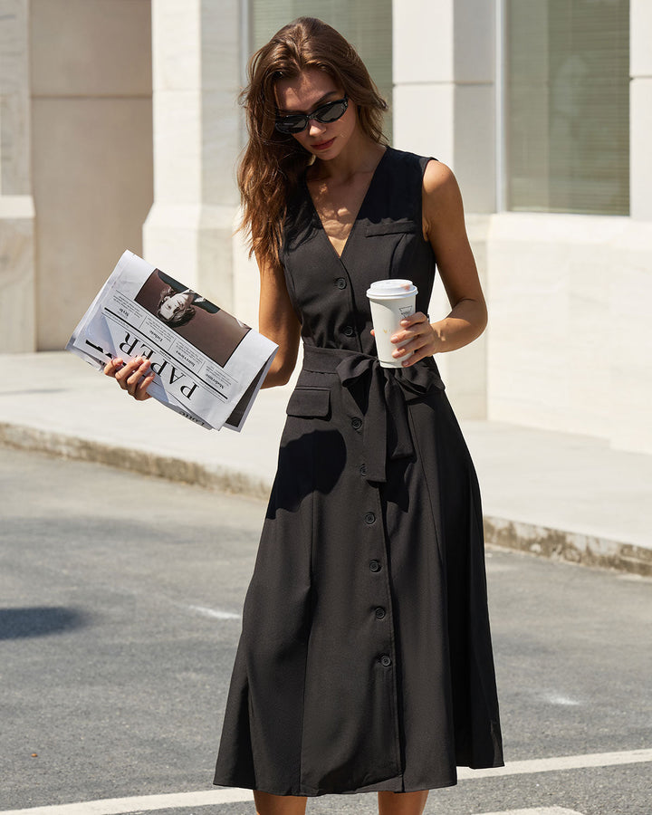 Morgan and Brooke | Black V Neck Belted Sleeveless Midi Dress