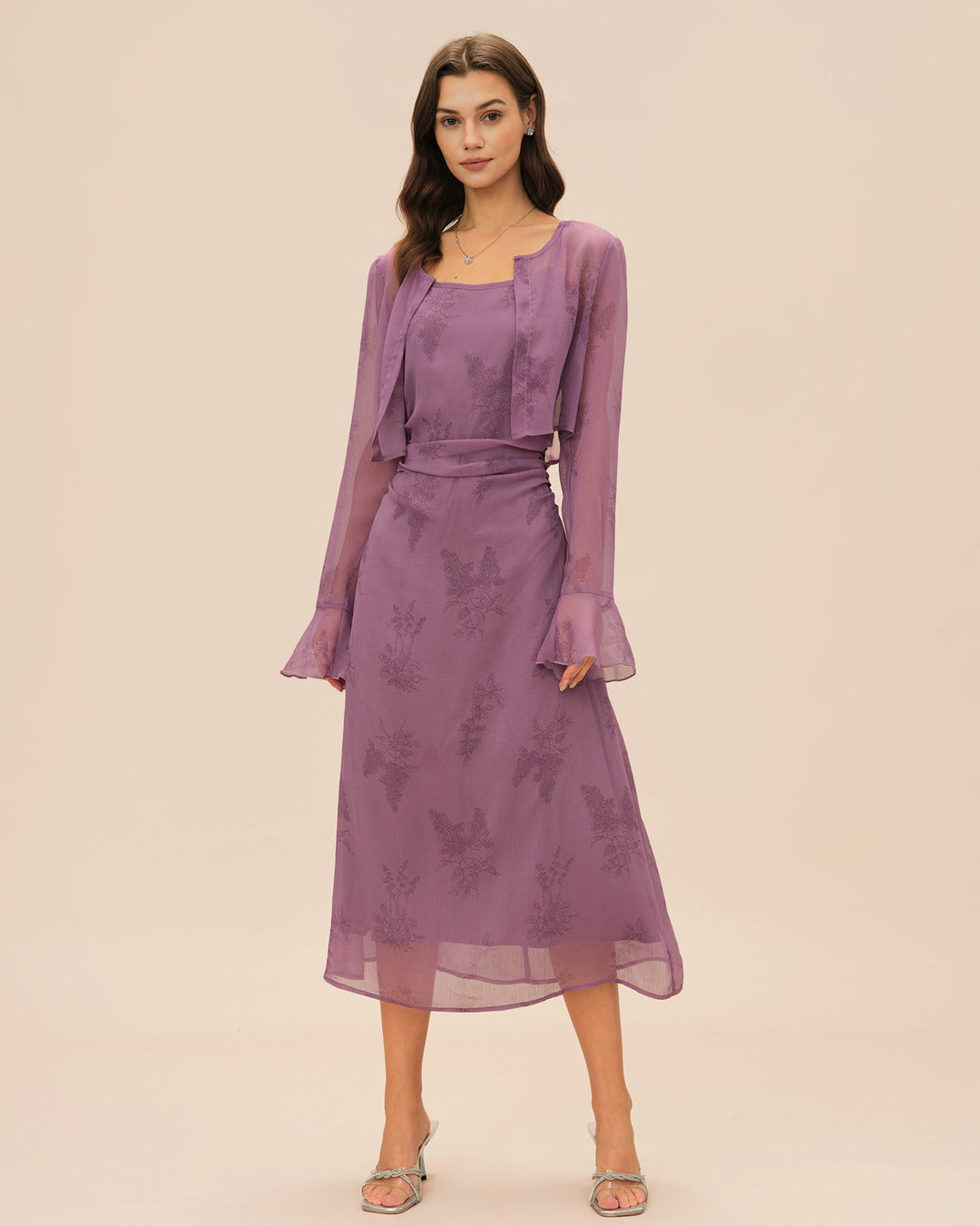 Morgan and Brooke | Floral Ruched Slip Midi Dress for Women in Purple