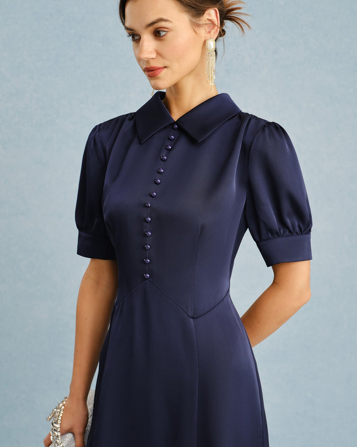 Morgan and Brooke | Satin Midi Dress for Women in Navy with Puffed Sleeves
