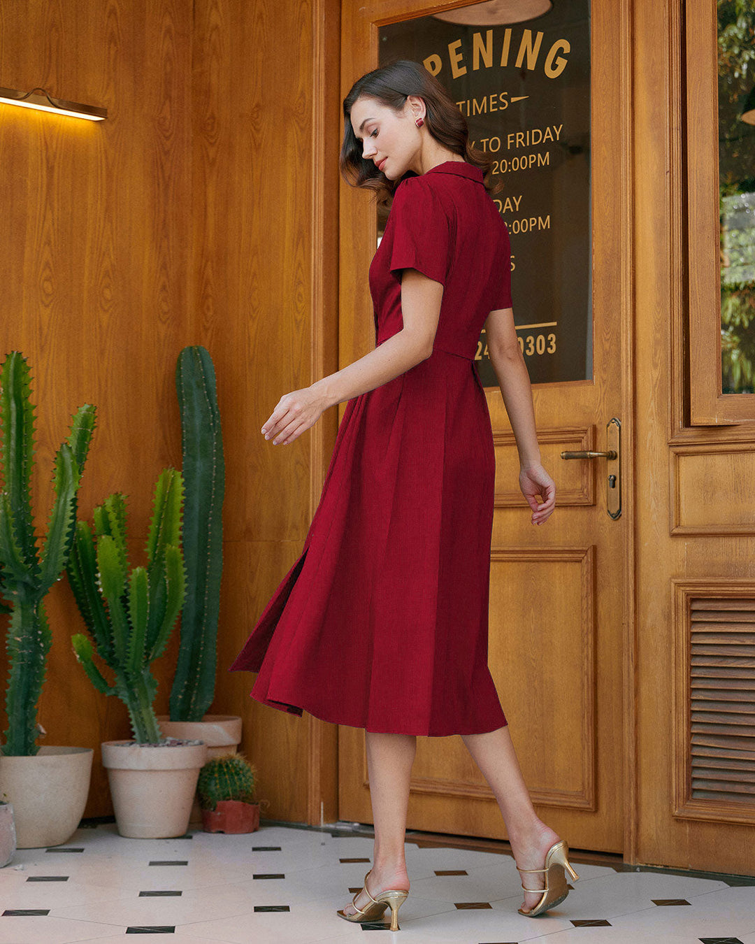 Morgan and Brooke | A-Line Pleated Button Midi Dress for Women in Red