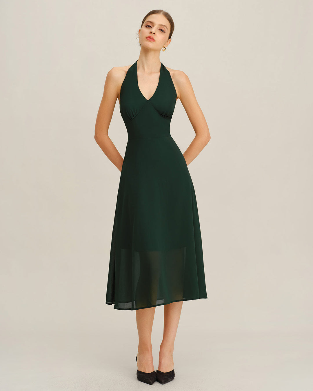 Morgan and Brooke | Chiffon A-Line Halter Midi Dress in Green
