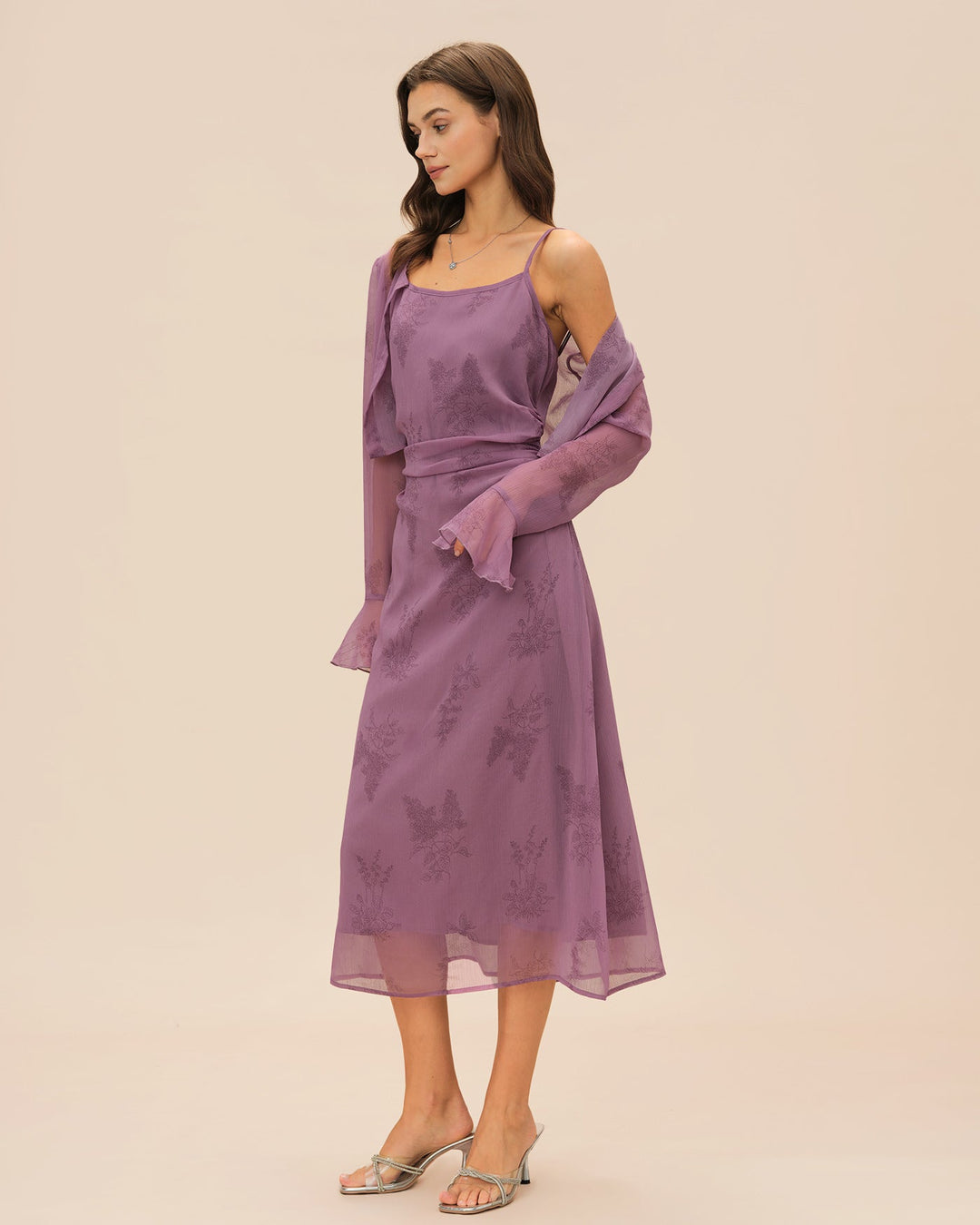 Morgan and Brooke | Floral Ruched Slip Midi Dress for Women in Purple