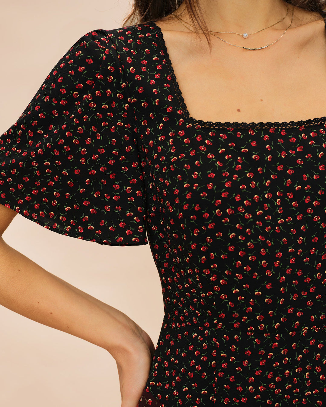 Morgan and Brooke | Black Floral Midi Dress with Square Neck and Butterfly Sleeves