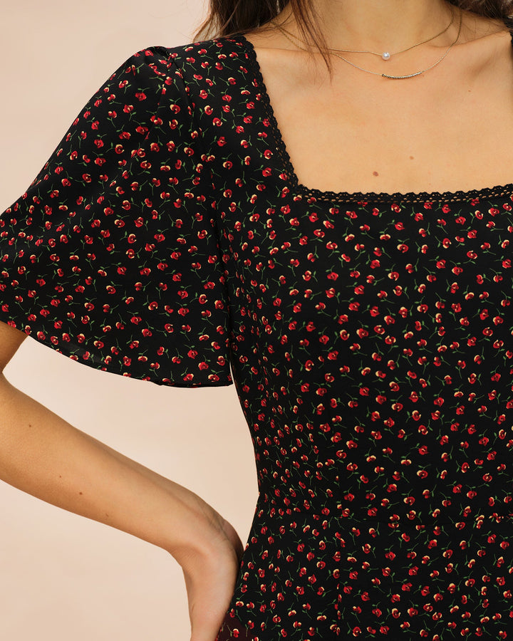 Morgan and Brooke | Black Floral Midi Dress with Square Neck and Butterfly Sleeves