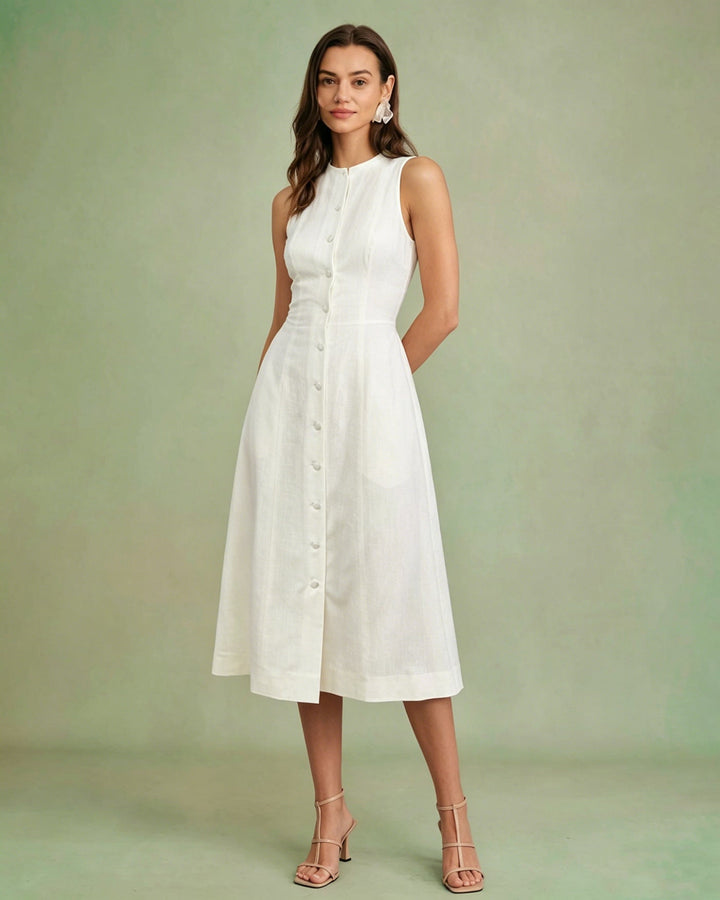 Morgan and Brooke | White Button Tie Midi Dress