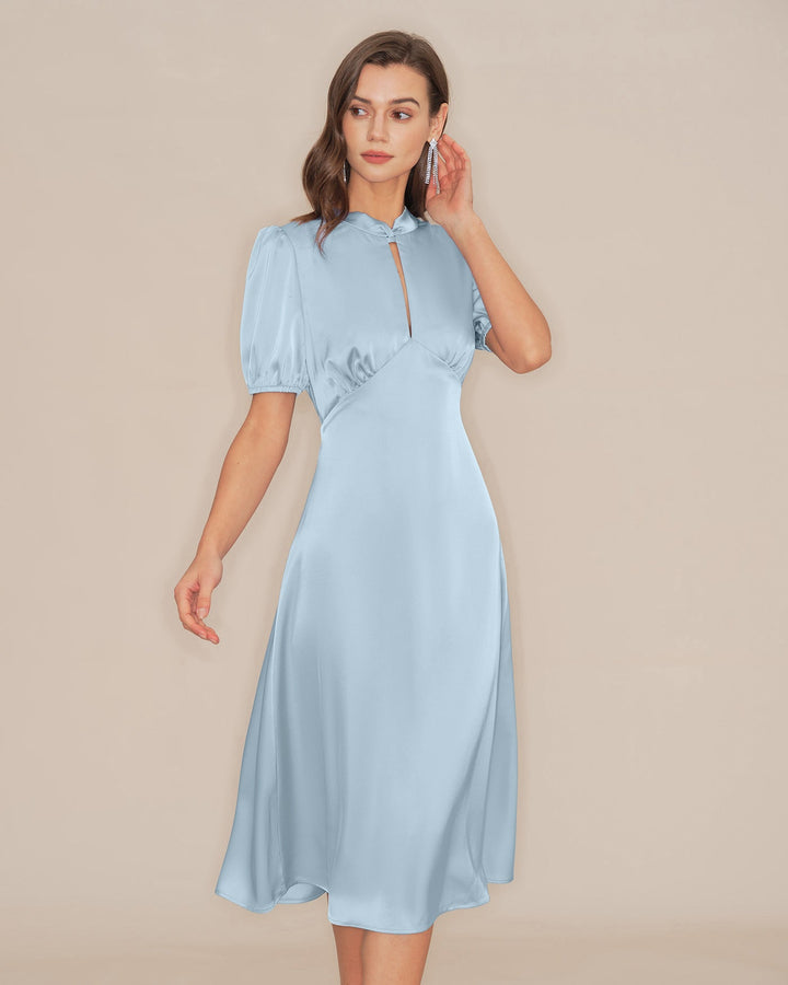 Morgan and Brooke | Satin Backless Midi Dress for Women in Blue with Puffed Sleeves