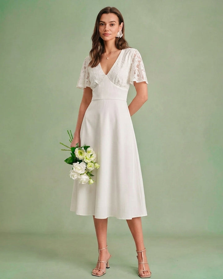 Morgan and Brooke | Textured V-Neck Midi Dress in White