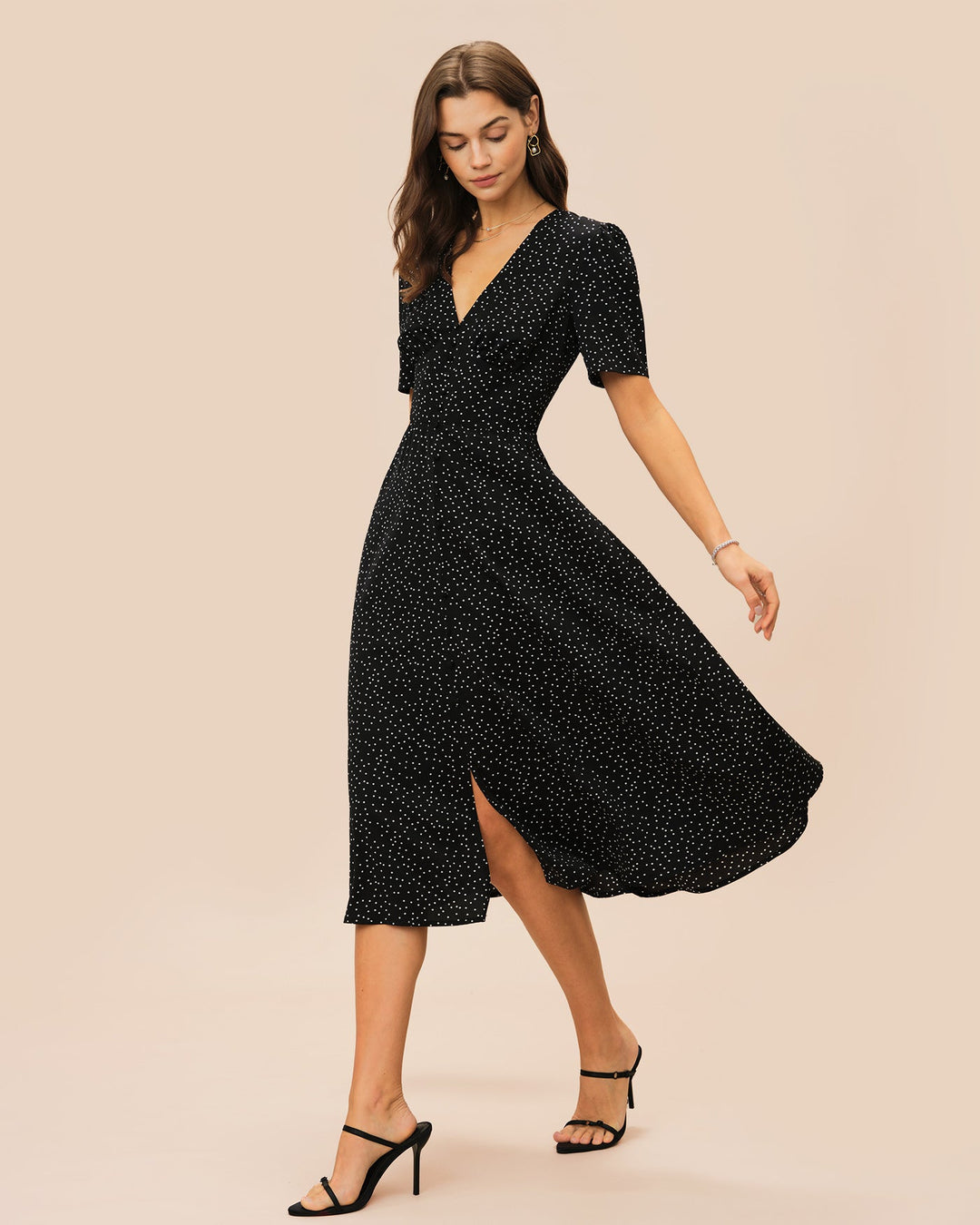 Morgan and Brooke | V Neck Polka Dot Midi Dress for Women in Black