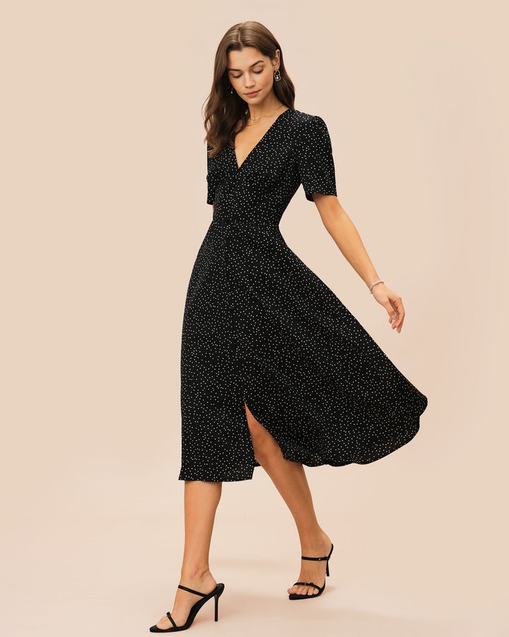 Morgan and Brooke | V Neck Polka Dot Midi Dress for Women in Black