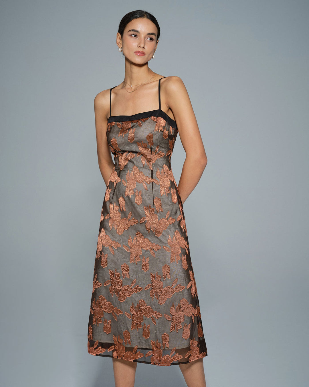 Morgan and Brooke | Floral Slip Midi Dress in Caramel