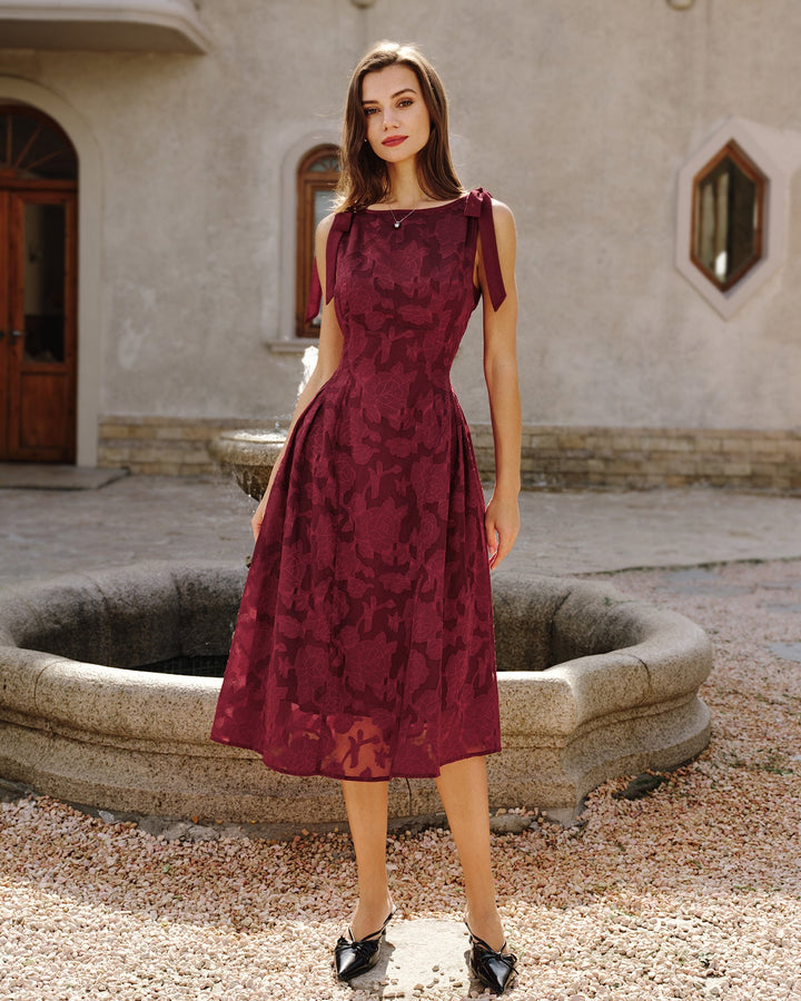 Morgan and Brooke | Jacquard Chiffon Midi Dress for Women in Red