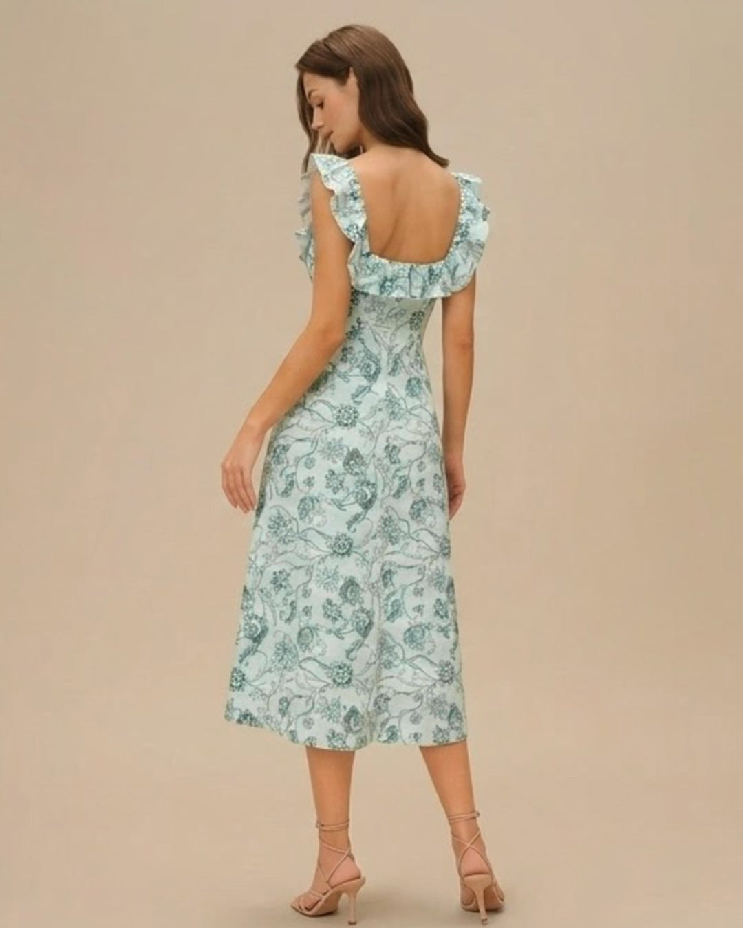 Morgan and Brooke | Floral Square Neck Ruched Midi Dress in Green