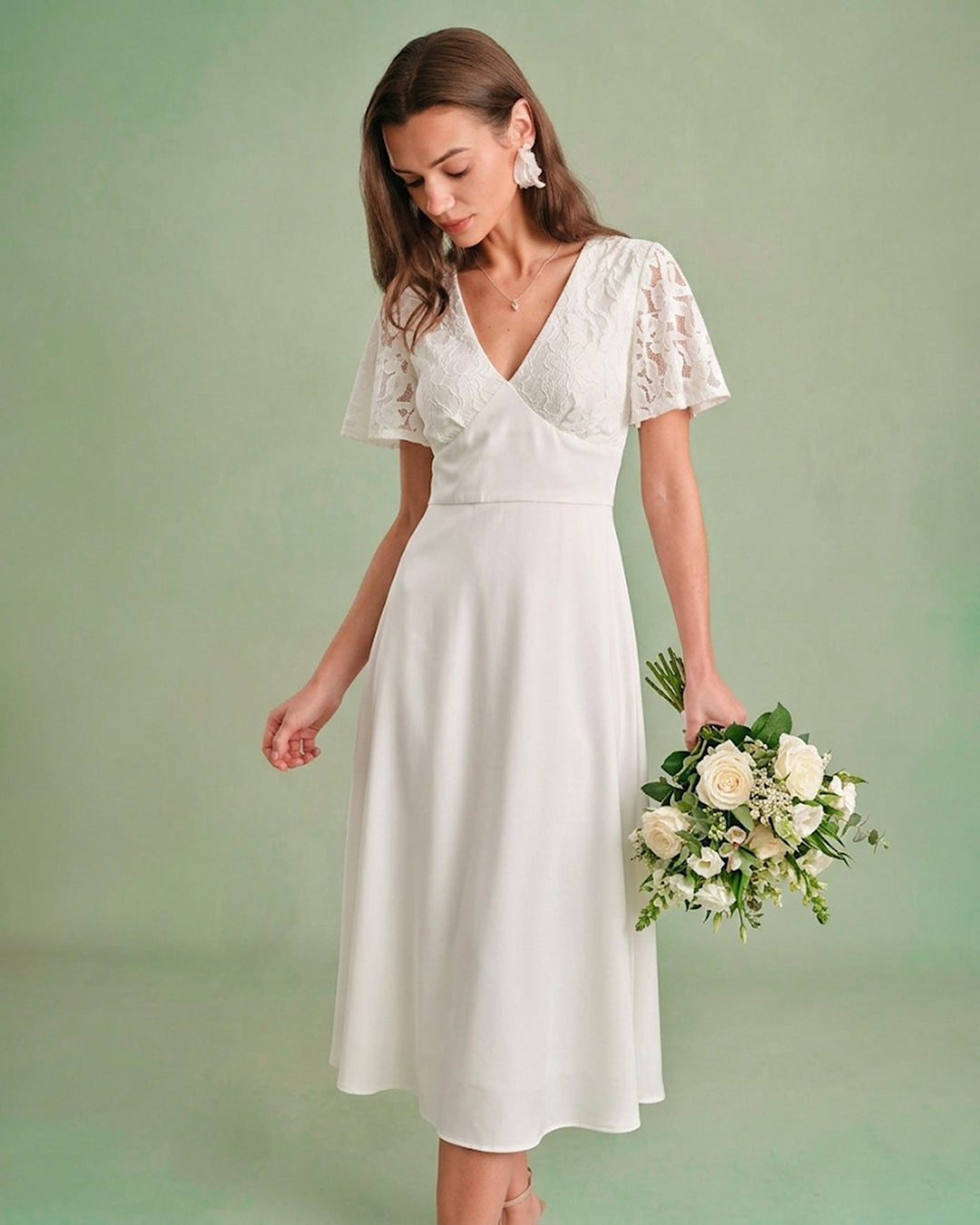 Morgan and Brooke | Textured V-Neck Midi Dress in White