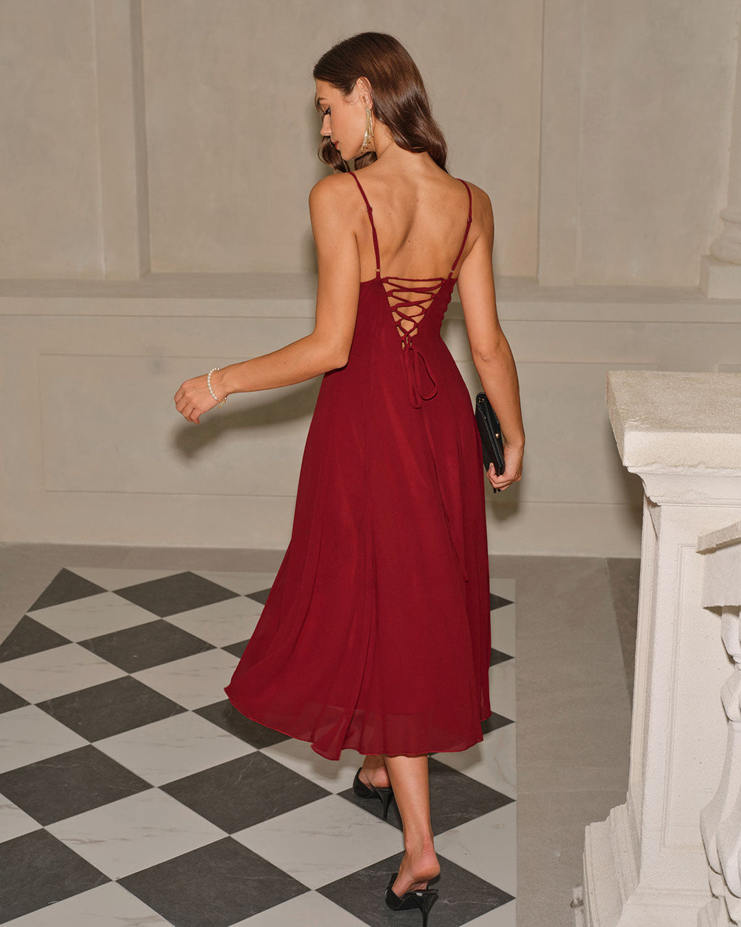 Morgan and Brooke | A-Line Corset Slip Midi Dress for Women in Red