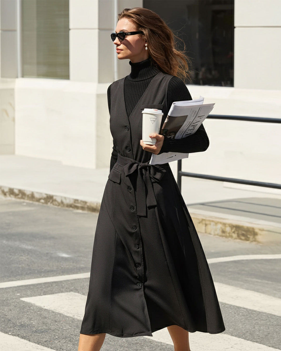 Morgan and Brooke | Black V Neck Belted Sleeveless Midi Dress
