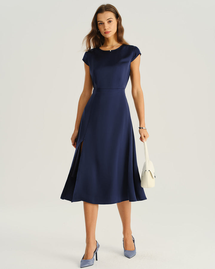 Morgan and Brooke | Navy Satin Midi Dress with Cut Out Slit