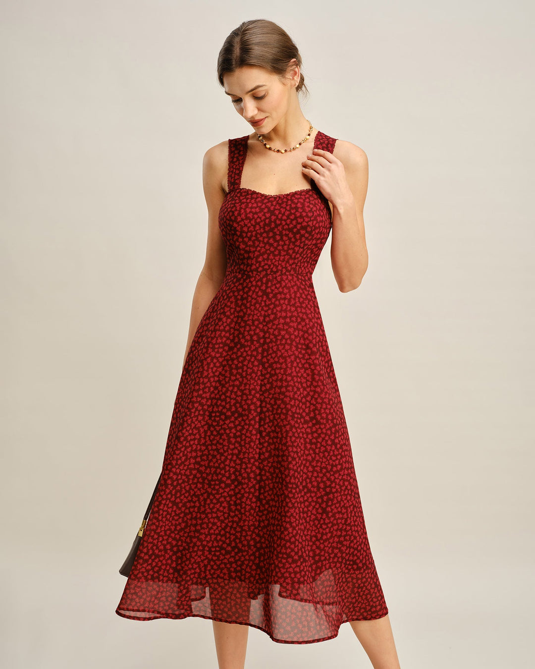 Morgan and Brooke | Floral Midi Dress for Women in Red with Sweetheart Neck