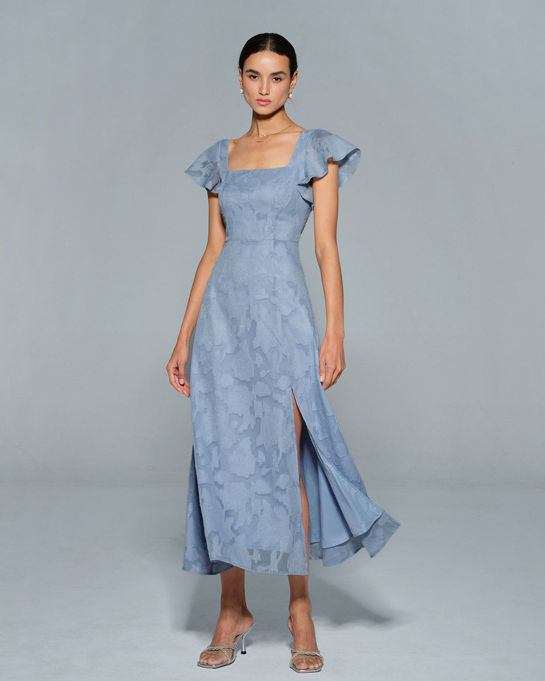 Morgan and Brooke | Floral Square Neck Midi Dress in Blue