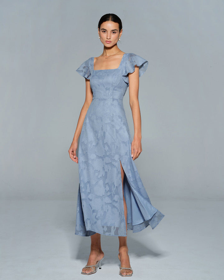 Morgan and Brooke | Floral Square Neck Midi Dress in Blue