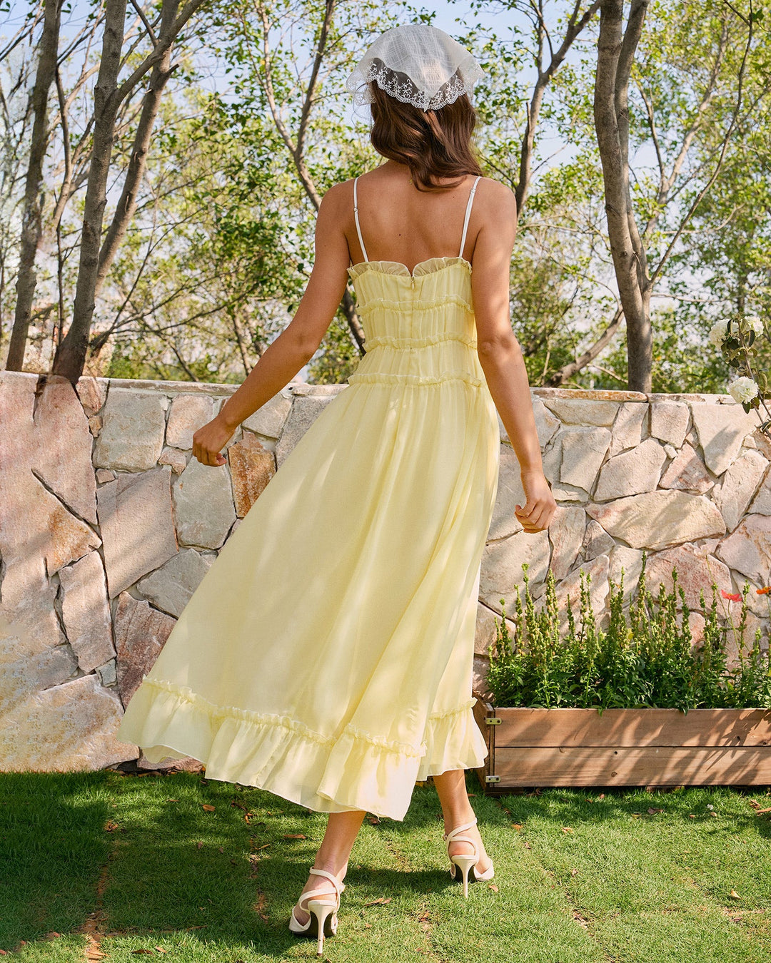 Morgan and Brooke | Yellow Sweetheart Neck Ruffle Midi Dress