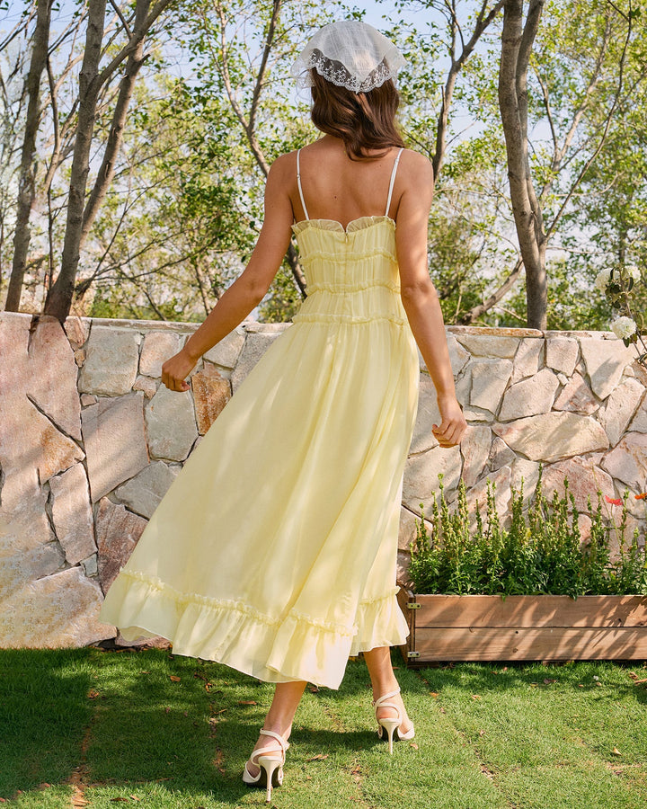 Morgan and Brooke | Yellow Sweetheart Neck Ruffle Midi Dress