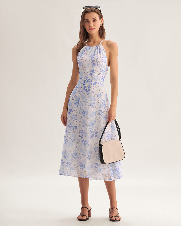 Morgan and Brooke | Floral Halter Midi Dress in Blue