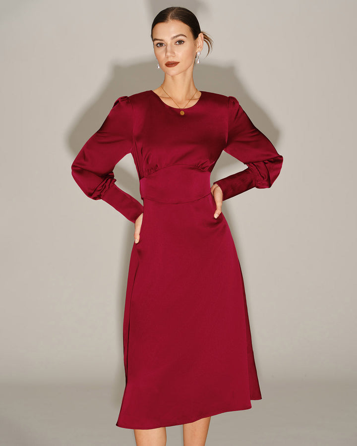 Morgan and Brooke | Satin A-Line Midi Dress for Women in Wine Red