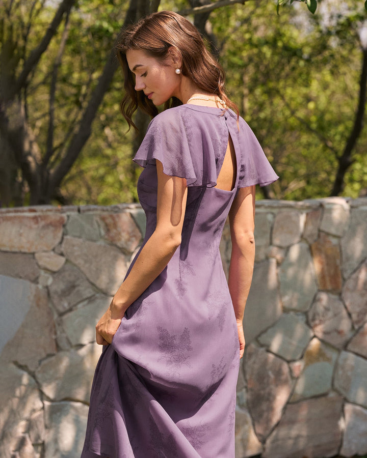 Morgan and Brooke | Floral Midi Dress for Women in Purple with V Neck and Butterfly Sleeves