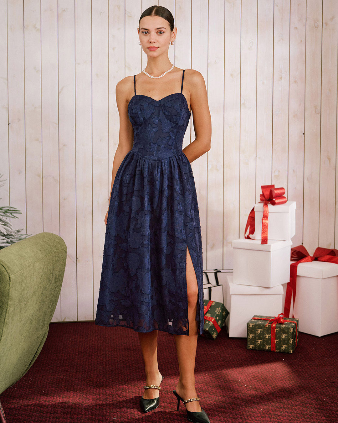 Morgan and Brooke | Jacquard A-Line Slip Midi Dress in Blue