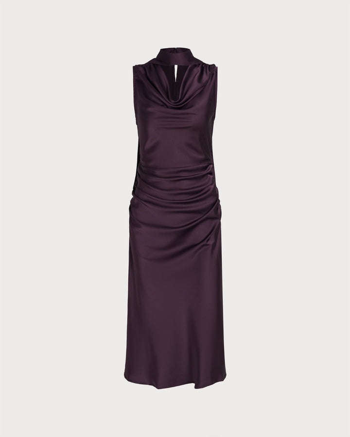 Morgan and Brooke | Satin Midi Dress for Women in Purple with Cowl Neck and Mermaid Fit