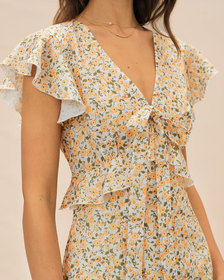 Morgan and Brooke | Yellow Floral Ruffle Midi Dress