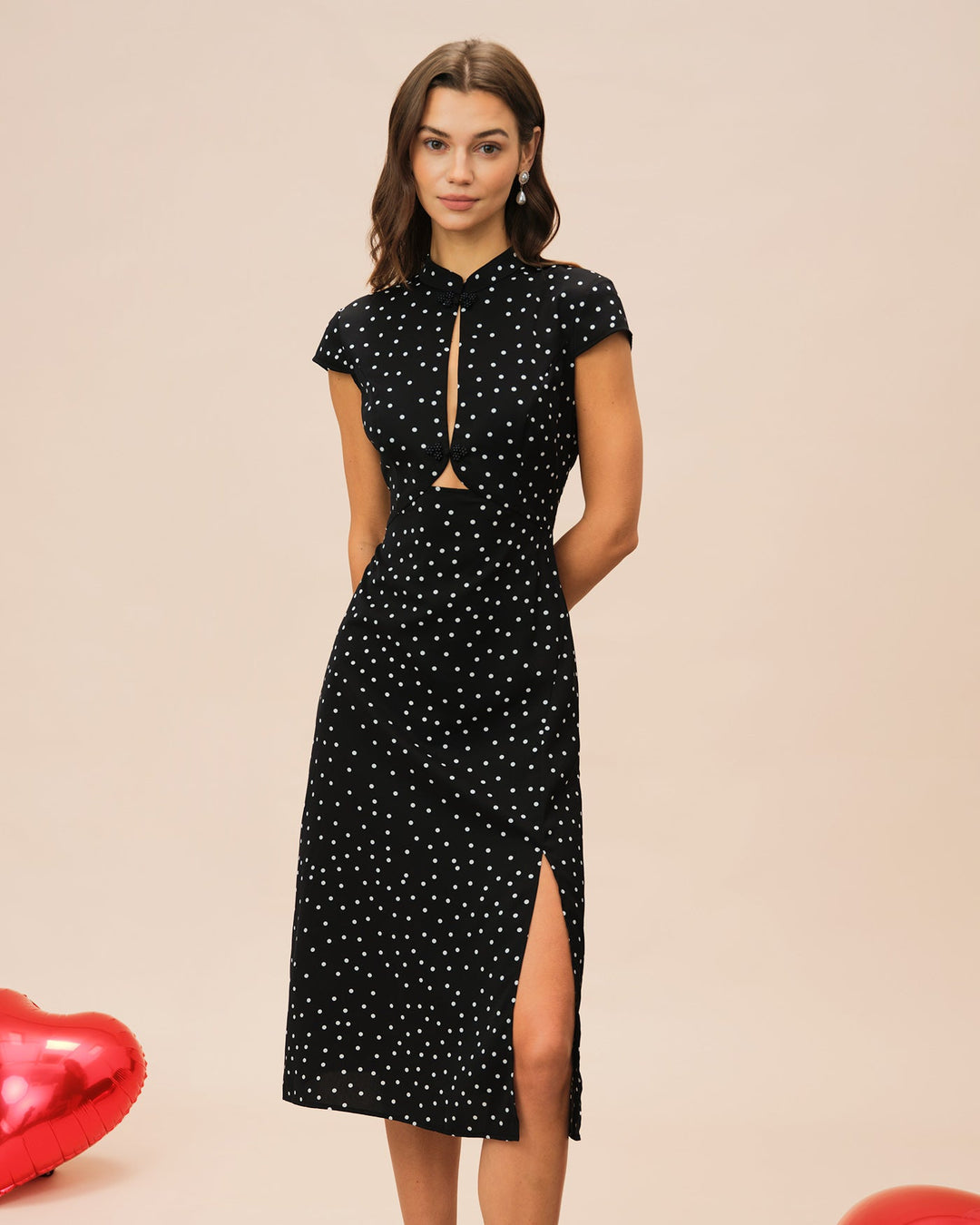 Morgan and Brooke | Black Polka Dot Midi Dress with Mandarin Collar