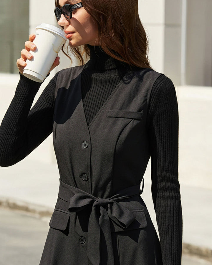 Morgan and Brooke | Black V Neck Belted Sleeveless Midi Dress