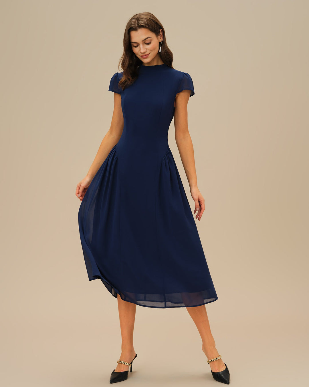 Morgan and Brooke | Puffed Sleeve Midi Dress for Women in Blue