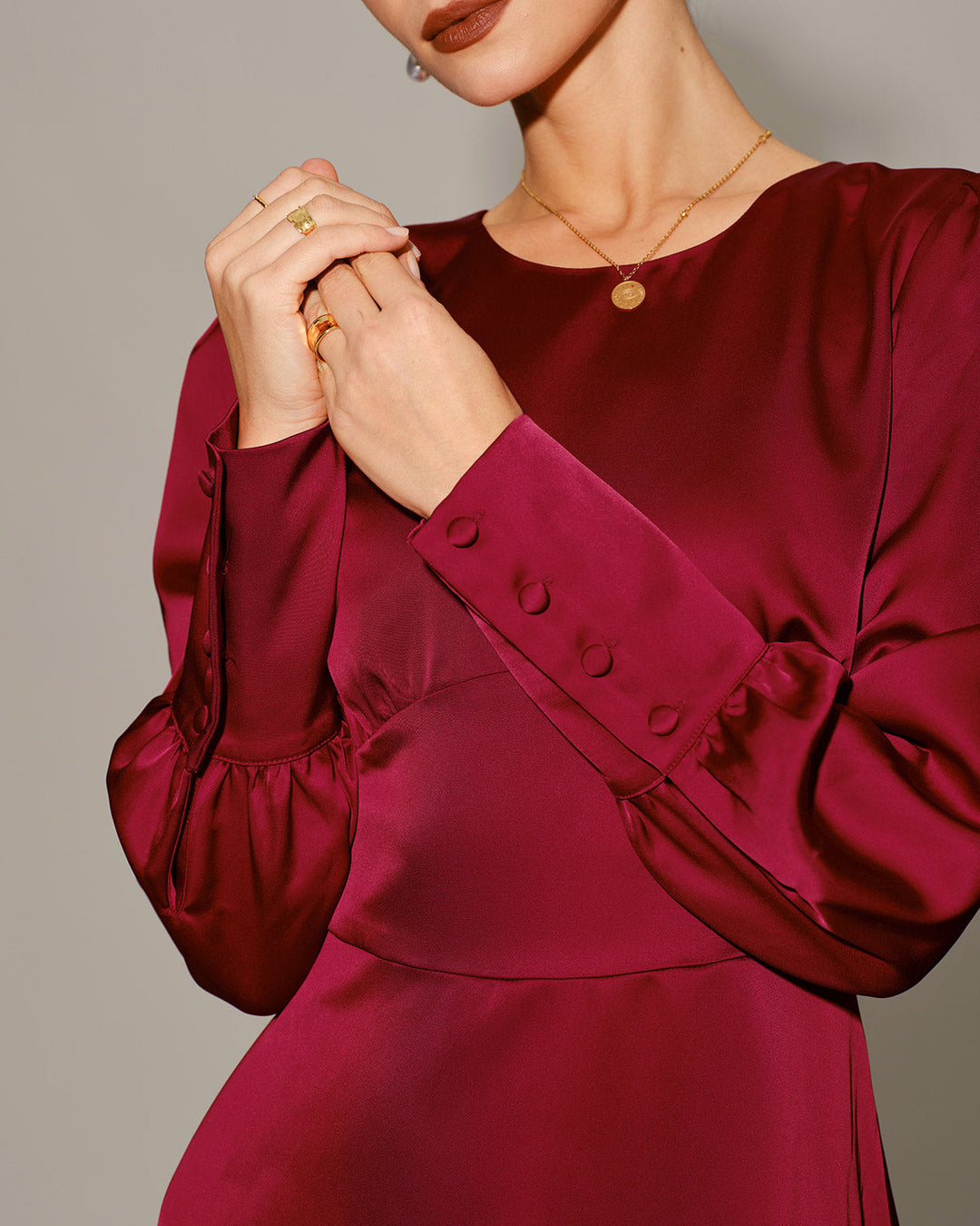 Morgan and Brooke | Satin A-Line Midi Dress for Women in Wine Red