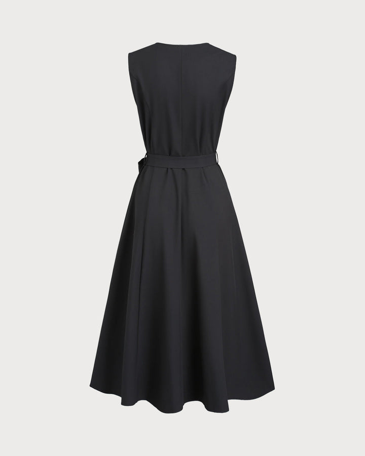 Morgan and Brooke | Black V Neck Belted Sleeveless Midi Dress